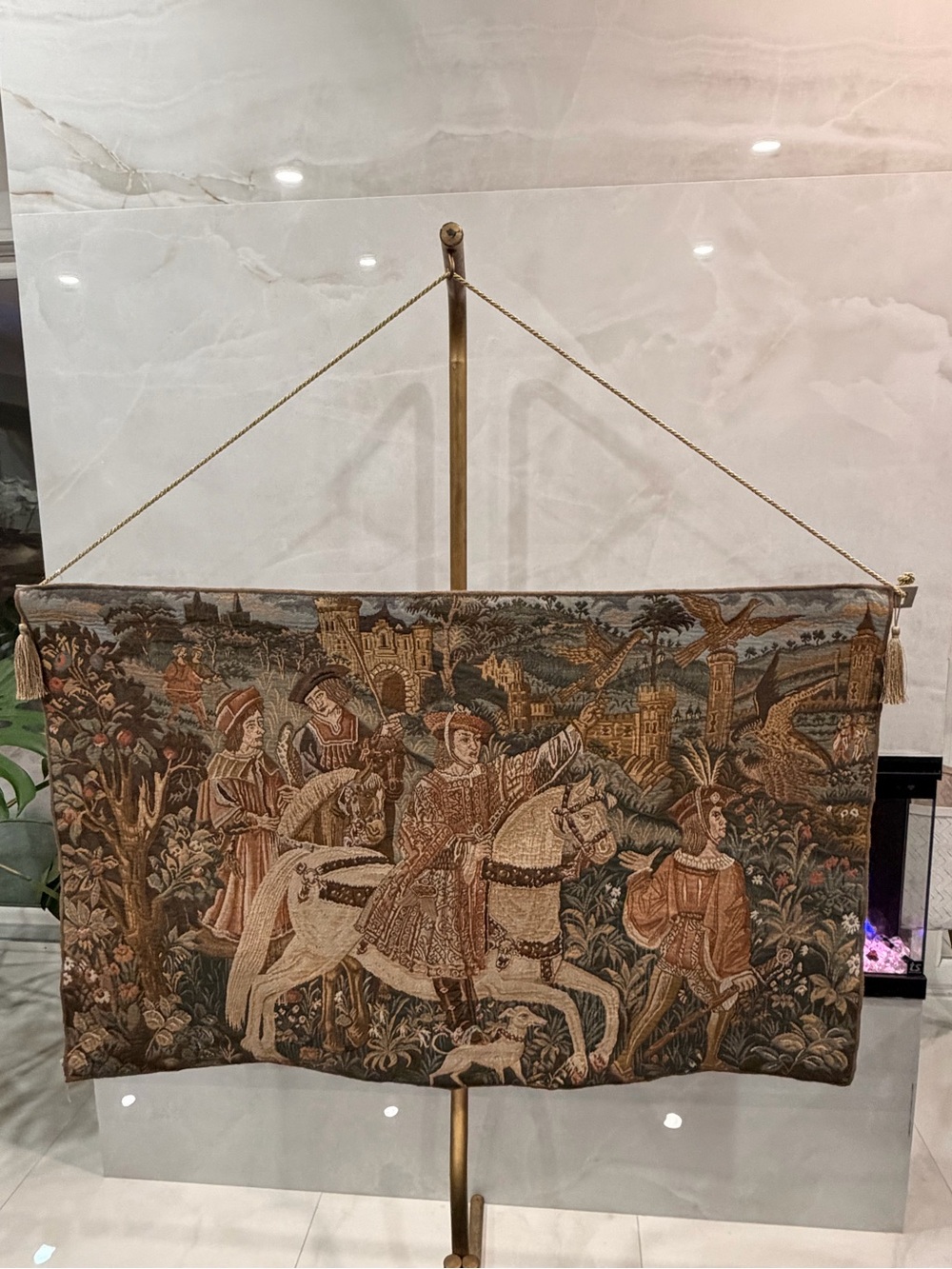 Vintage-Style Medieval Horse Tapestry Wall Hanging in Brown and Cream